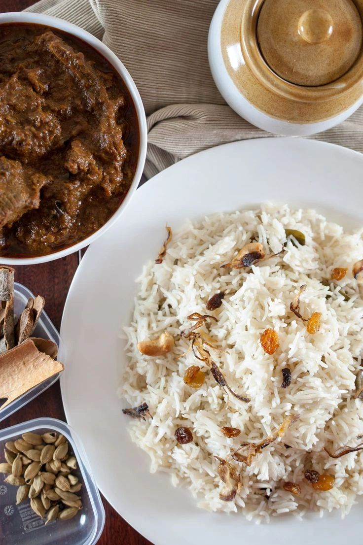 Ghee Rice and Beef Curry Served in Kerala Style