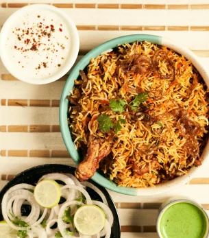 Chicken Biriyani with Raita and Green Chutney